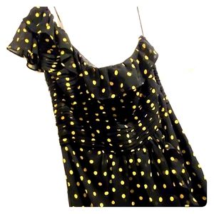 Ruched and ruffled one shoulder polka dot dress
